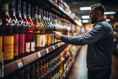 A man in a supermarket in the alcohol section chooses a drink. Alcohol addiction concept. photo