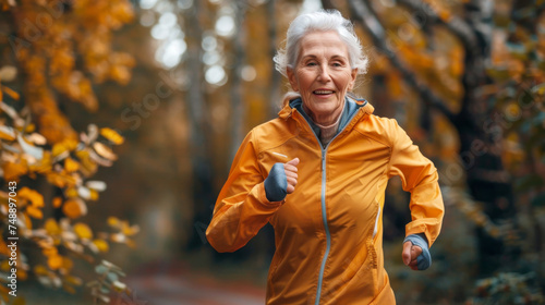 Vibrant Senior Woman Running in Autumn Nature. Cheerful elderly woman staying active with a run among the beautiful fall foliage.