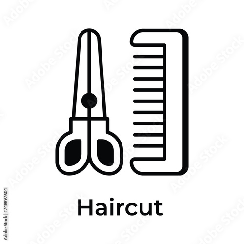Scissors and hair comb showing concept icon of haircut in trendy style