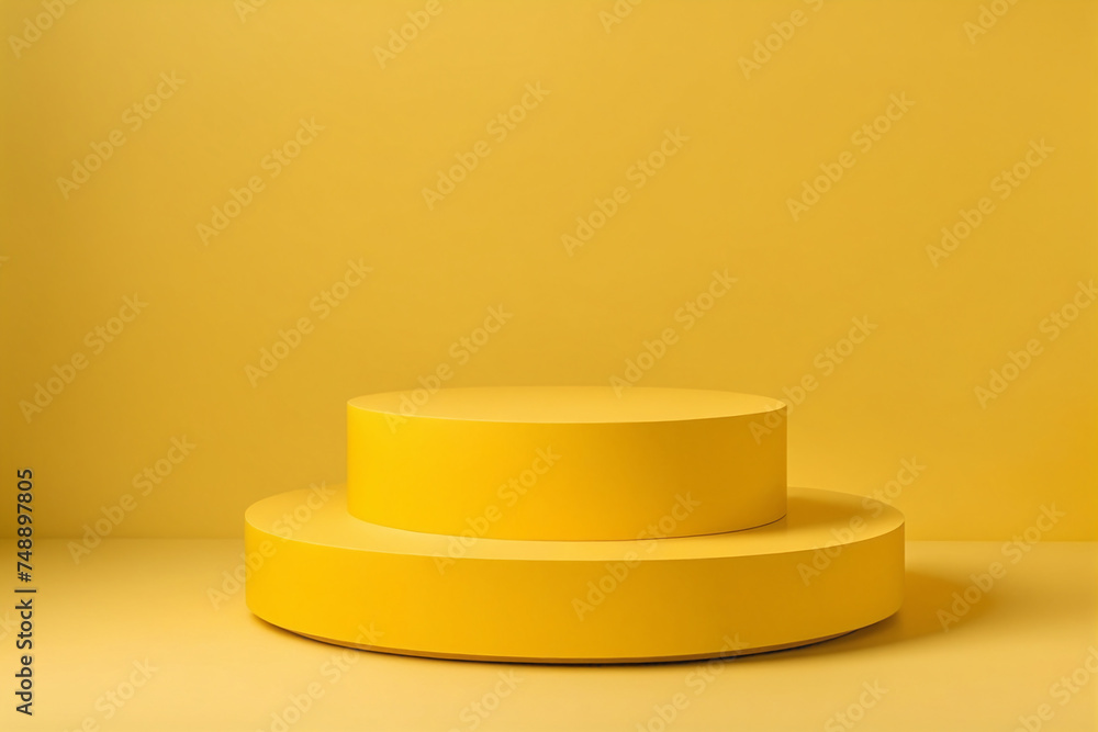 Empty pedestal display on yellow background with blank stand for product show or presentation Empty pedestal display on yellow background with blank stand for product show or presentation