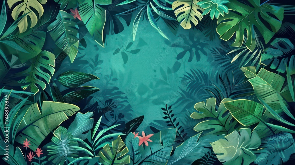 A lush greenery illustration featuring leaves, floral elements, and jungle scenery with a blank frame in the center A lush greenery illustration featuring leaves, floral elements, and jungle scenery with a blank frame in the center