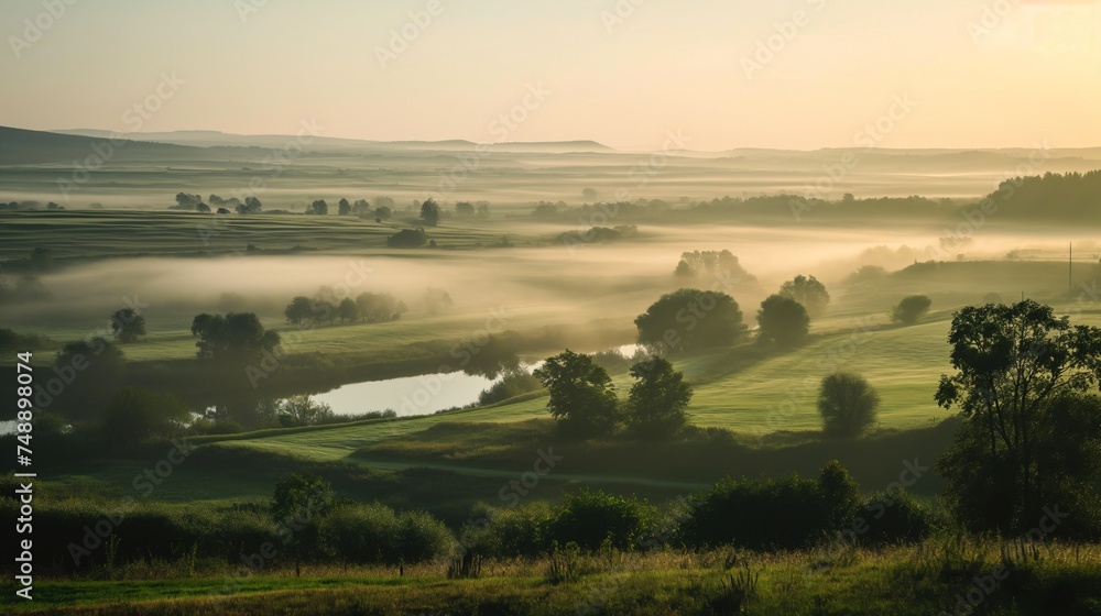 Bird's eye view of spring or summer landscape with river and green vegetation during sunrise