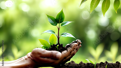 A single hand holding a small plant with green leaves and soil, symbolizing growth and care, against a blurred natural background