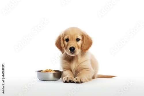 Little puppy eating with a bowl