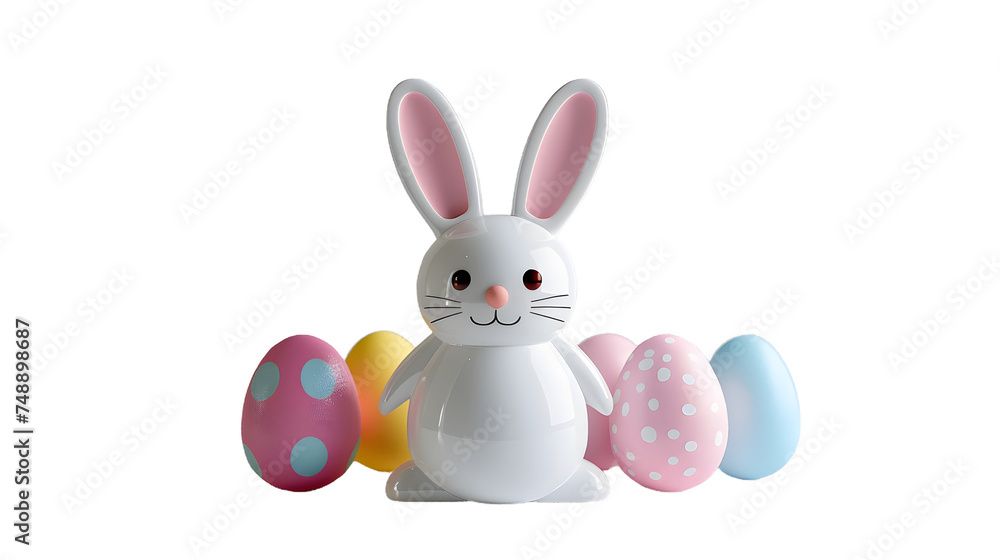Obraz premium White Bunny Sitting in Front of Colorful Eggs, cut out Easter symbol