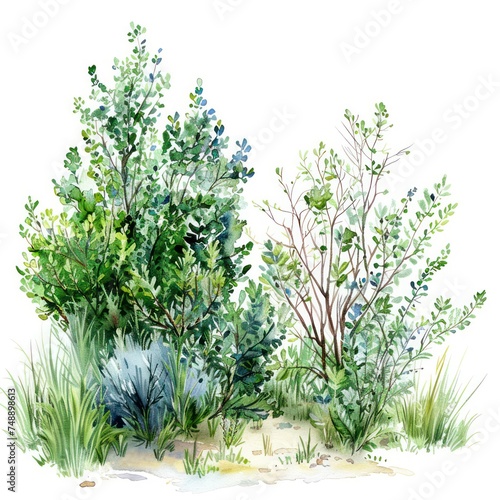 An artistic watercolor depiction showcasing a variety of lush plants and grass with a vibrant green palette