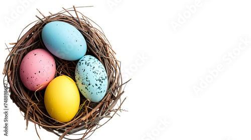 Nest Filled With Colorful Eggs on White Background, cut out Easter symbol