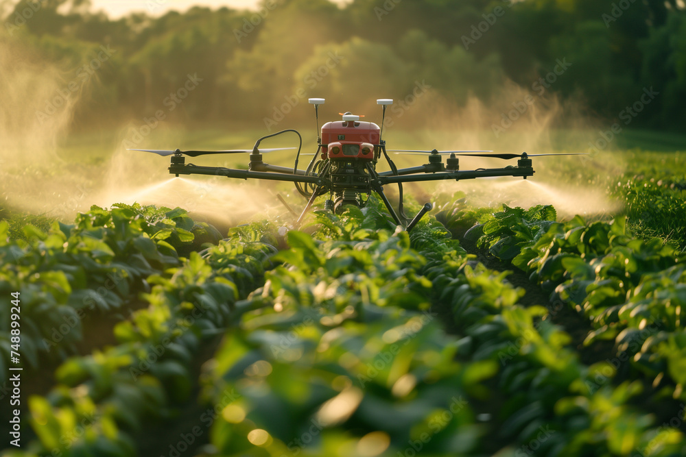 a drone being used in precision farming, spraying insecticide over crops.