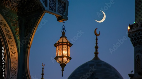 Crescent moon and lighted lanterns for mosque attributes. generative AI image