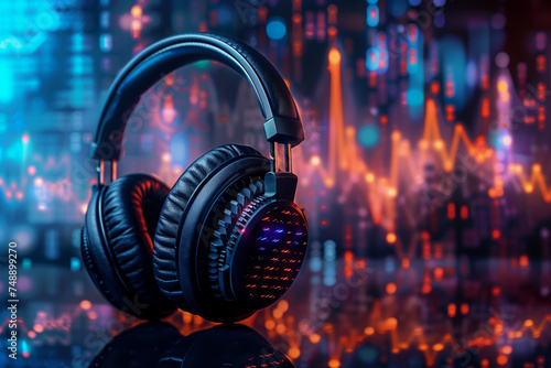 a pair of headphones against a backdrop of vibrant digital sound waves and musical notes.