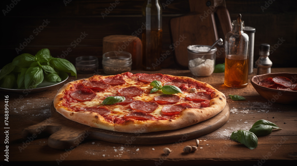 Freshly made pepperoni pizza on wooden table