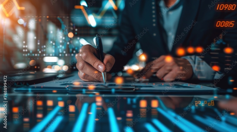 Portrait of businessman touching business growth graph and analyzing financial data. generative AI Portrait of businessman touching business growth graph and analyzing financial data. generative AI