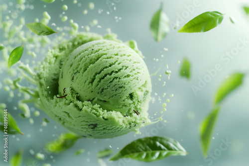matcha soft ice cream, with vibrant tea leaves fluttering around, against a clean, green background. © Rattanachat