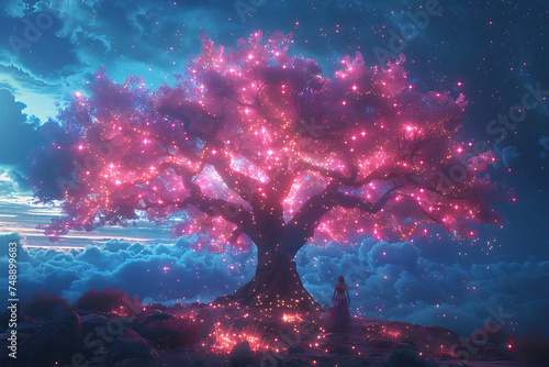 Mindful Moments, Enigmatic Tree Adorned with Glowing Stars of Thought