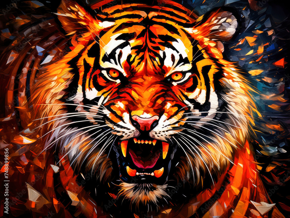 Head of a roaring tiger, graphic illustration with dynamic splash background. Wild angry predator. An aggressive feline animal. Close-up.