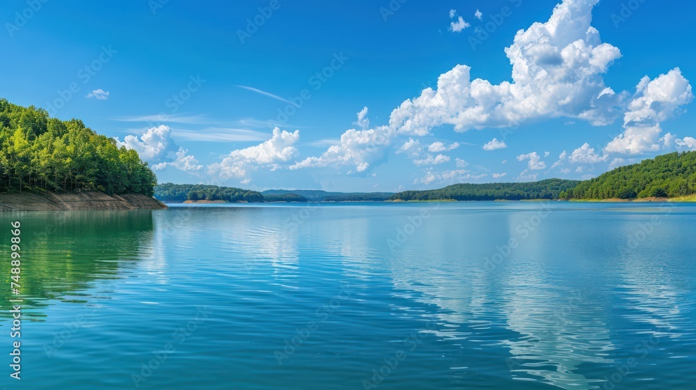 A panoramic view of a serene lake under the blue sky on a beautiful summer day.