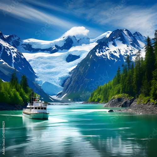 Breathtaking Alaskan Landscape: Glacial Waterscape with Cruising Boat