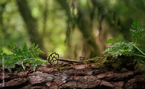 vintage key in mysterious forest, natural dark green background. magical beautiful key, symbol of secret garden. secrecy, mystique concept. harmony of nature. 