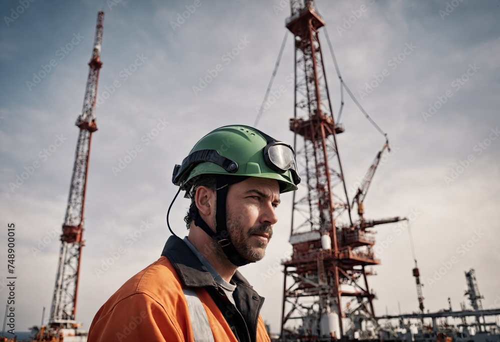 Portrait of bearded man in protective clothing and hardhat against background of oil refinery. Oil and energy industry. Ai generation