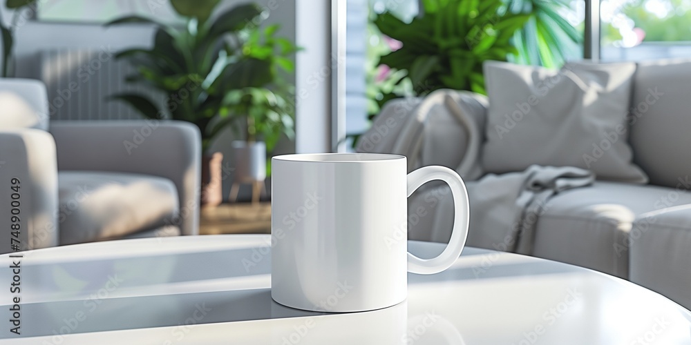 White mug mockup in living room setting