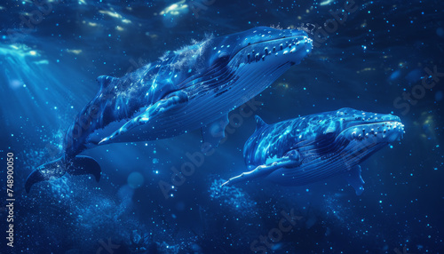 Blue whales swim in the depths of the night ocean.