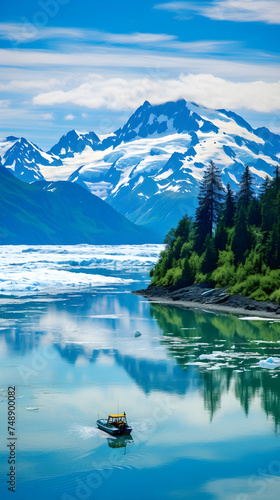 Breathtaking Alaskan Landscape: Glacial Waterscape with Cruising Boat