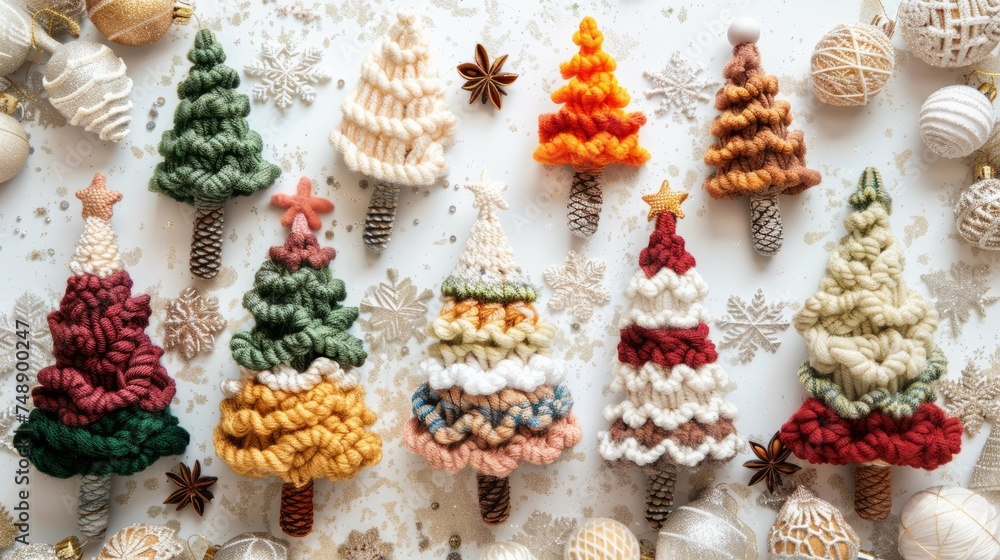 Christmas craft background with handmade yarn cone xmas trees in natural colors