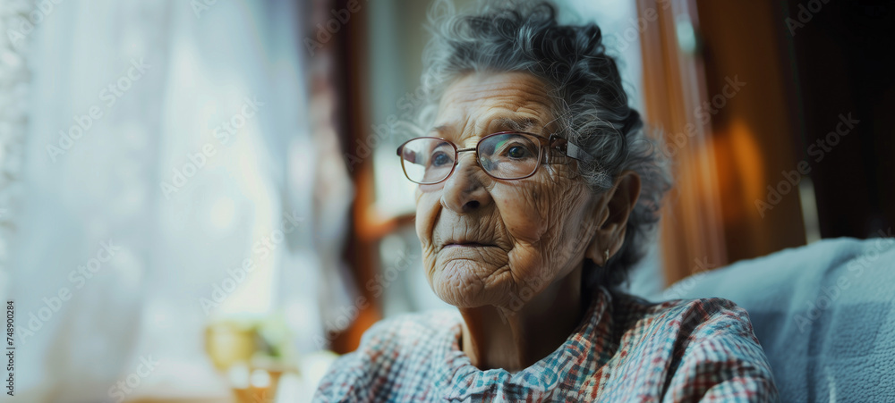An elderly woman wearing glasses sits comfortably on a couch, perhaps reflecting on memories or enjoying a moment of relaxation