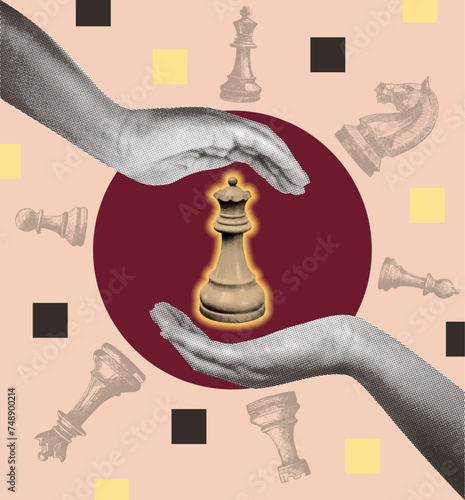 chess game concept template design with golden queen two open hands deep red attention central circle king rook bishop knight pawn sketch shapes light and dark squares chessboard element