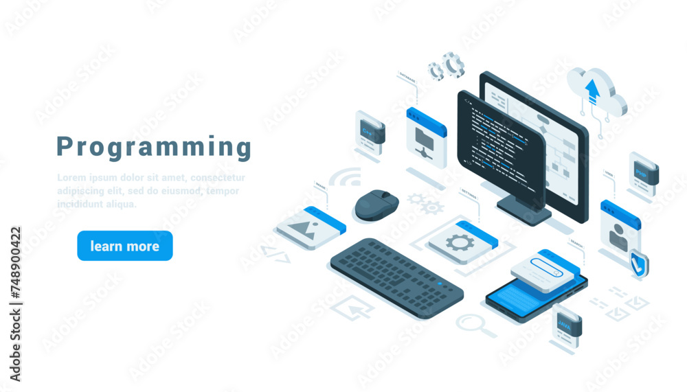 isometric computer and smartphone with a programming window and program elements, in color on a white background, programming or software development landing isometric computer and smartphone with a programming window and program elements, in color on a white background, programming or software development landing