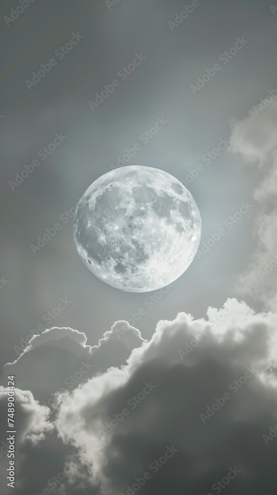 celestial orb shines with a silver glow amidst the soft embrace of cloud cover
