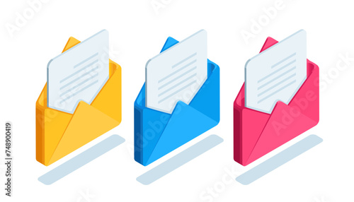 isometric set of open envelope icons, in color on white background, read letter or text document on mail
