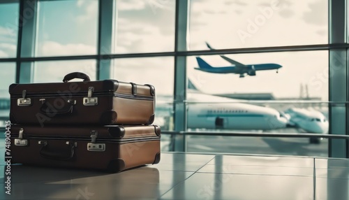 Suitcases in airport with airplane in background interior with large windows, focus on suitcases