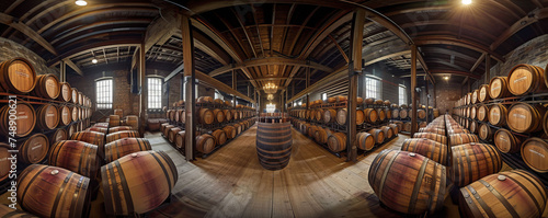 Panoramic view of a rustic cellar filled with aging bourbon and scotch barrels, emphasizing rich, earthy tones and the sense of tradition in the aging photo