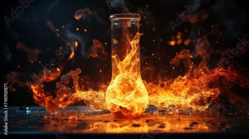 Laboratory glassware with fire flames on dark background