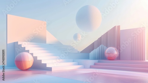 Abstract 3D surrealism background with geometric shapes and pastel colors