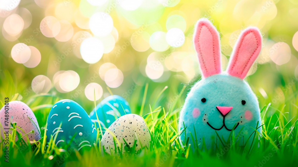 Plush Blue Easter Bunny with Pink Ears Among Decorated Eggs in Spring Grass with Bokeh Background. Generative AI