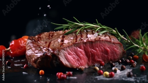 Close up meat beef ribeye raw steak with salt and herbs.