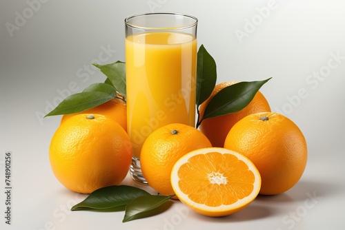 A glass of freshly squeezed orange juice with oranges on a white background.