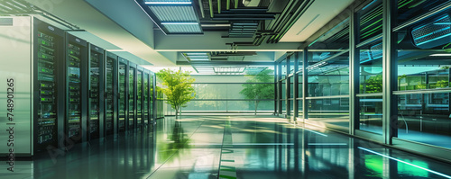 A green data center featuring advanced cooling technologies and energy-efficient server infrastructure, showcasing the integration of sustainable practices and futuristic design elements.