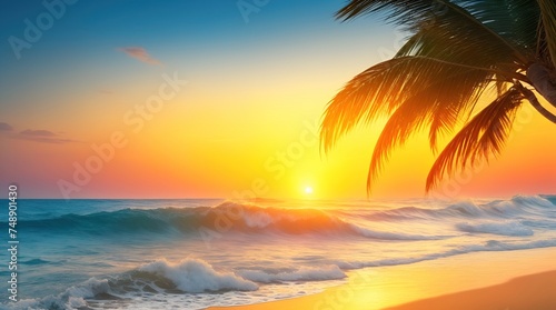 Seascape with waves in the sea, picturesque sky during sunset and palm branches