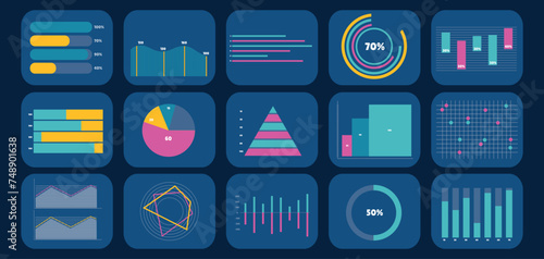 Set of different drawn infographics on dark blue background
