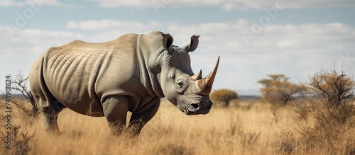 the endangered Black rhino grazing with oxpeckers