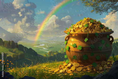 An image of a treasure-filled pot of gold coins adorned with shamrocks, against the backdrop of a serene Irish countryside with a subtle rainbow in the sky.
