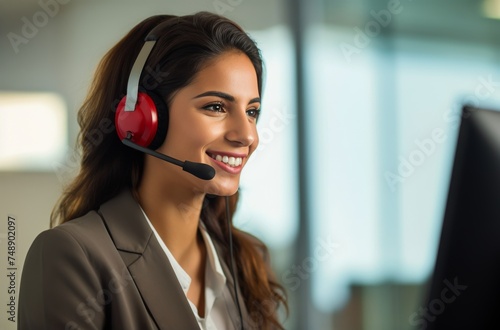 Contact center worker smiling at the computer