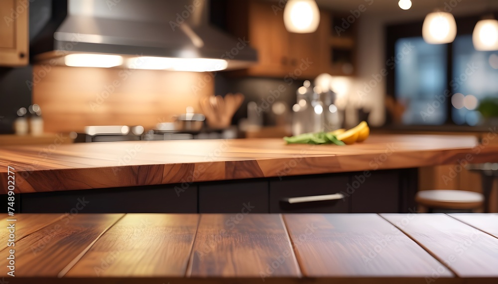 Stylish-Wooden-Table-Top-on-Blurred-Kitchen-Background---Ideal-for-Product-Displays-with-blur-bokeh-effect Stylish-Wooden-Table-Top-on-Blurred-Kitchen-Background---Ideal-for-Product-Displays-with-blur-bokeh-effect