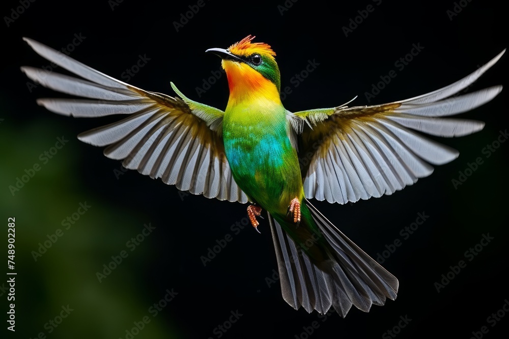 Fototapeta premium Close up of flying colorful tropical bird in the air on a rainy weather day.