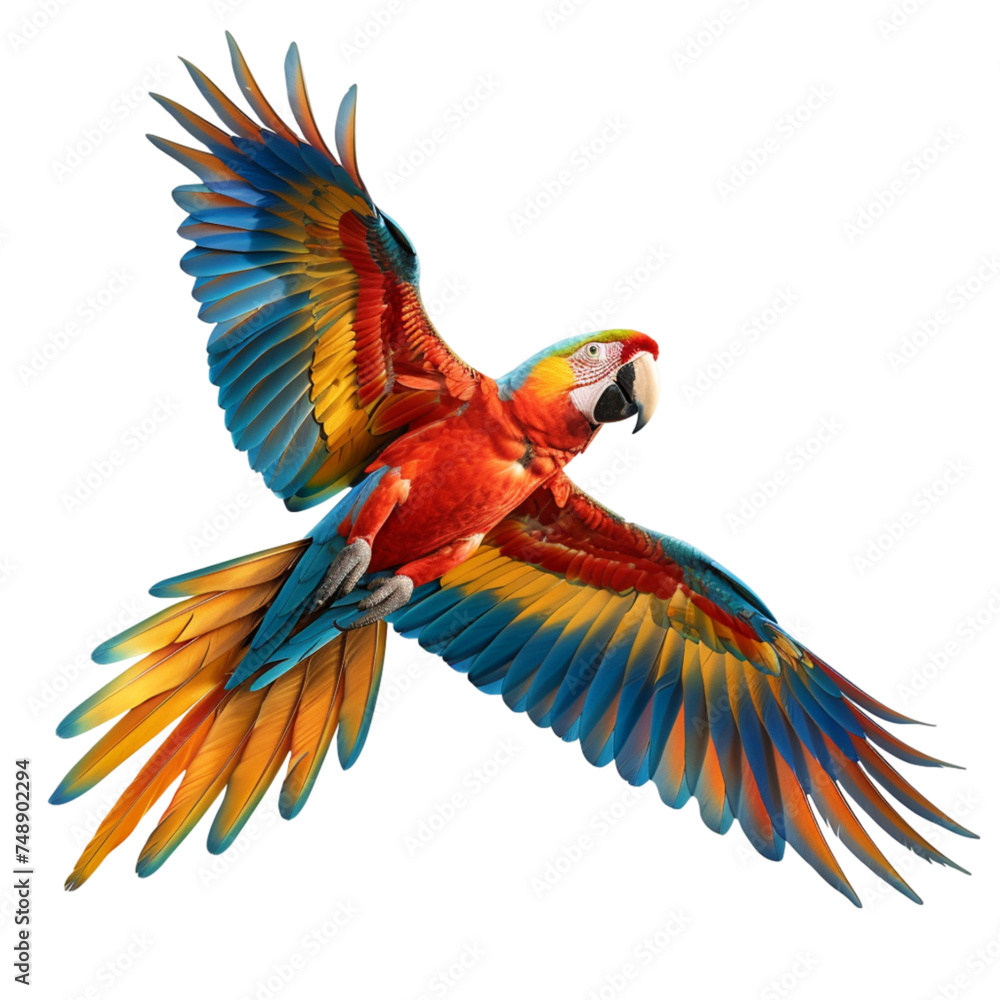Colorful flying parrot isolated on white. With clipping path