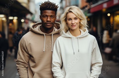 one man and one woman wearing hoodies on a city street