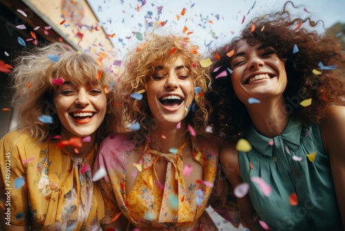 Three women are throwing confetti into the air